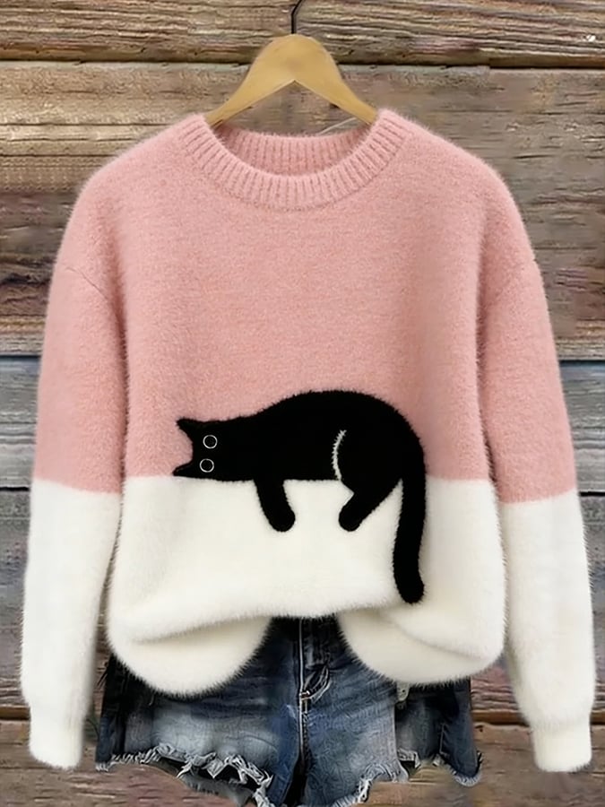 Women's Relaxed Cat Print Pullover Sweater in Pink