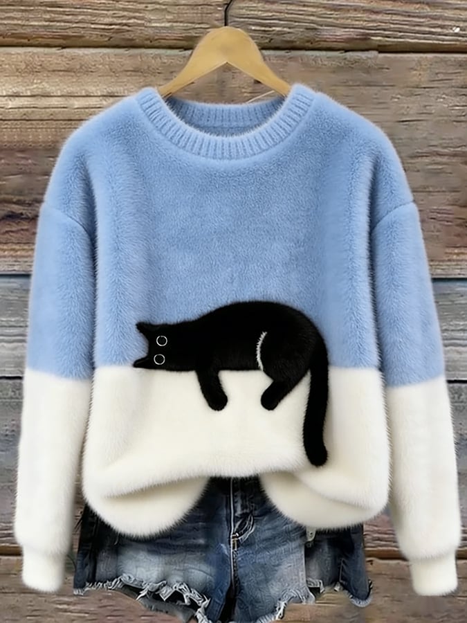 Women's Relaxed Cat Print Pullover Sweater in Sky Blue