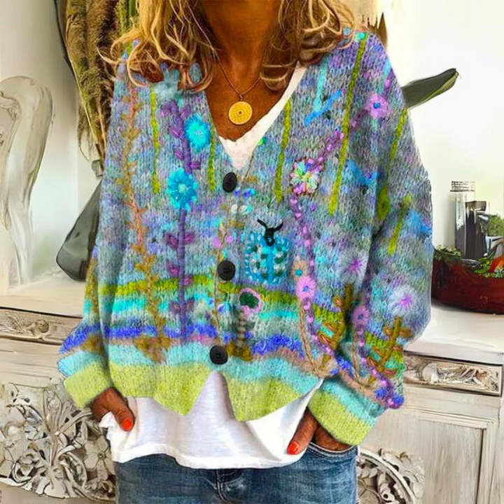 Women's Relaxed Embroidered Knit Cardigan in Green