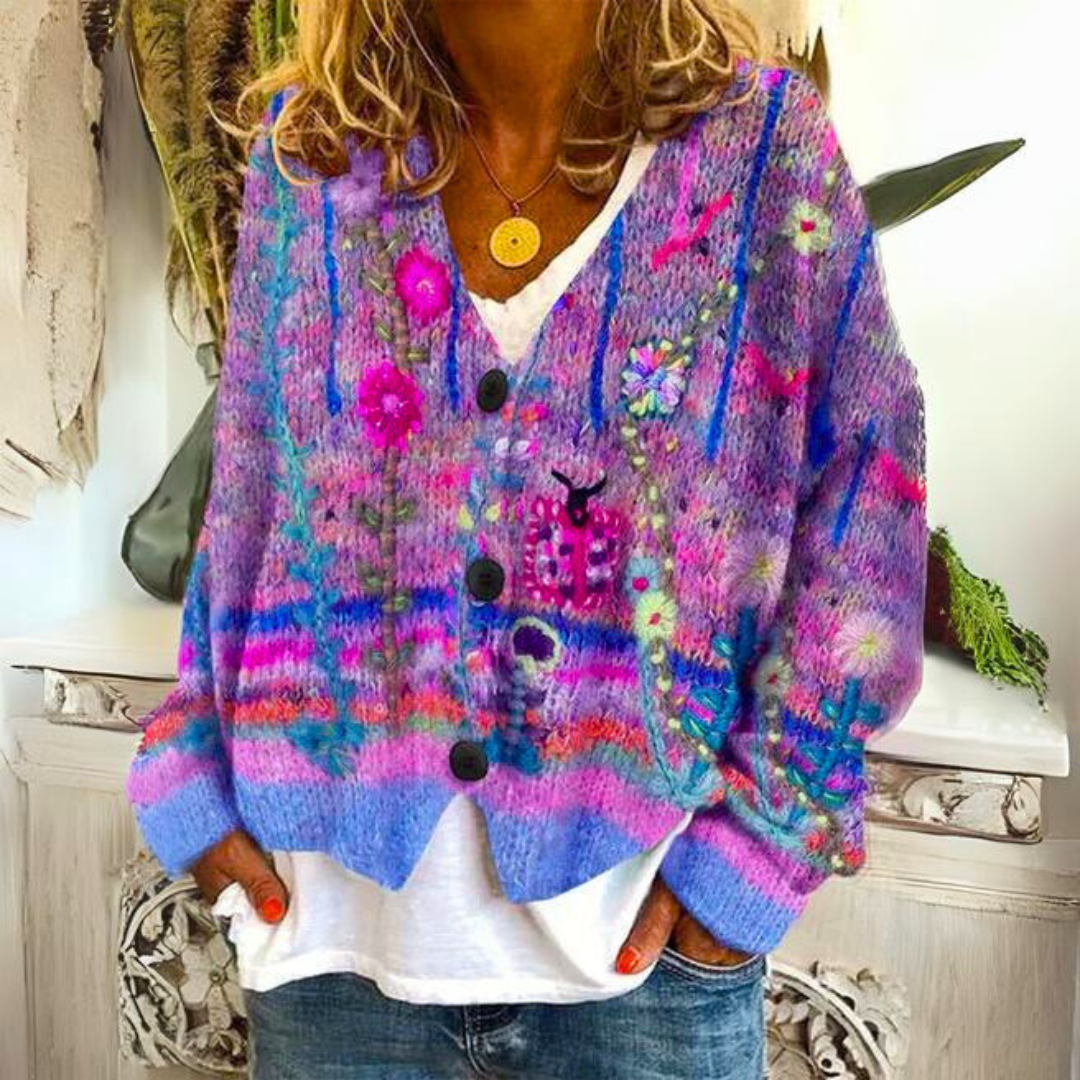 Women's Relaxed Embroidered Knit Cardigan in Purple