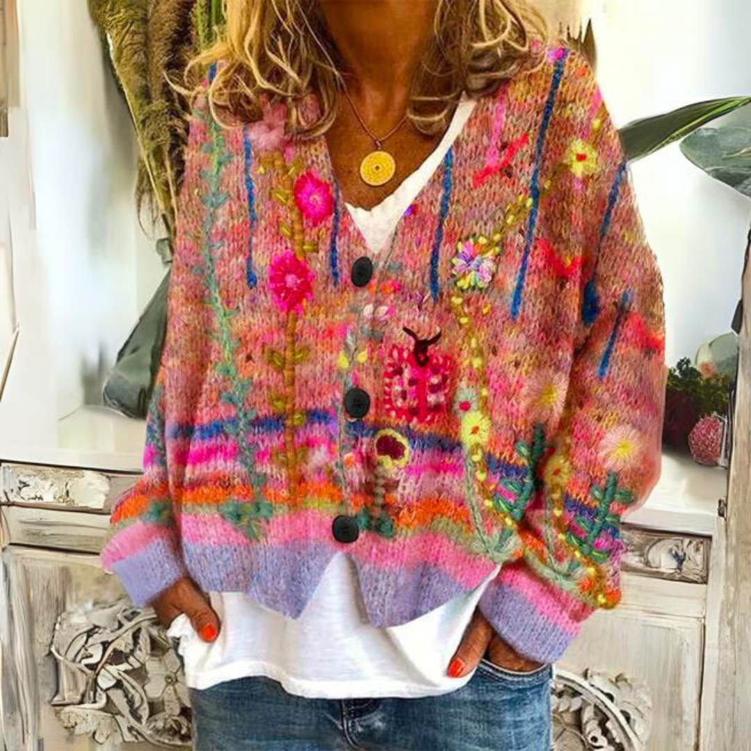 Women's Relaxed Embroidered Knit Cardigan in Red