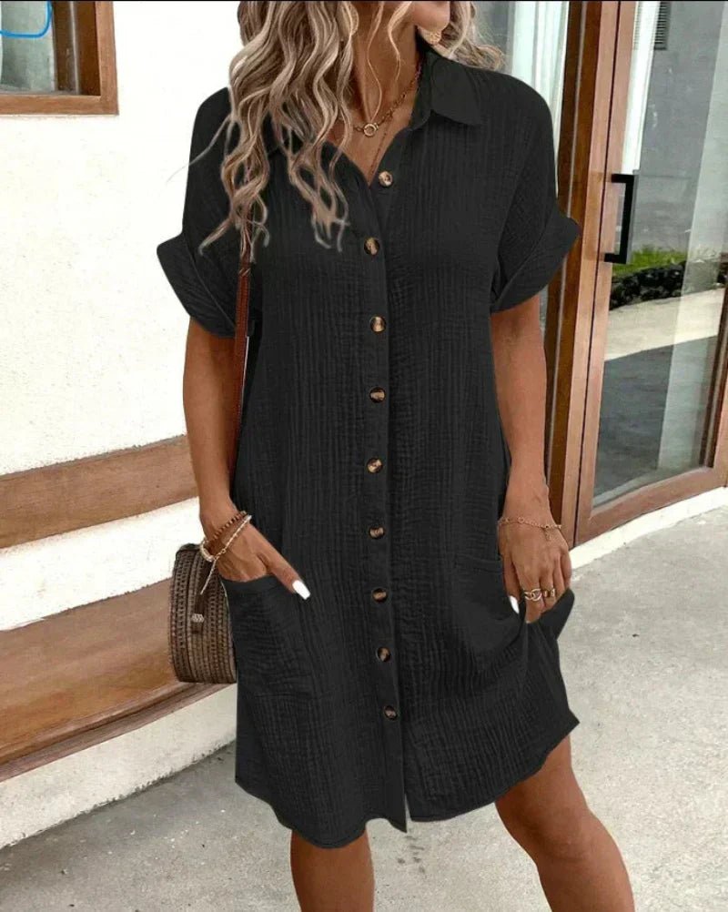 Naomi | Damska letnia lniana sukienka koszulowa midi z kieszeniami foto 2