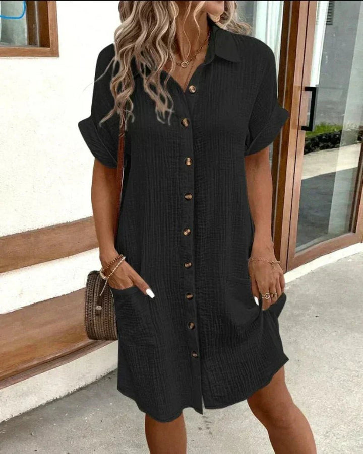 Naomi | Damska letnia lniana sukienka koszulowa midi z kieszeniami foto 2