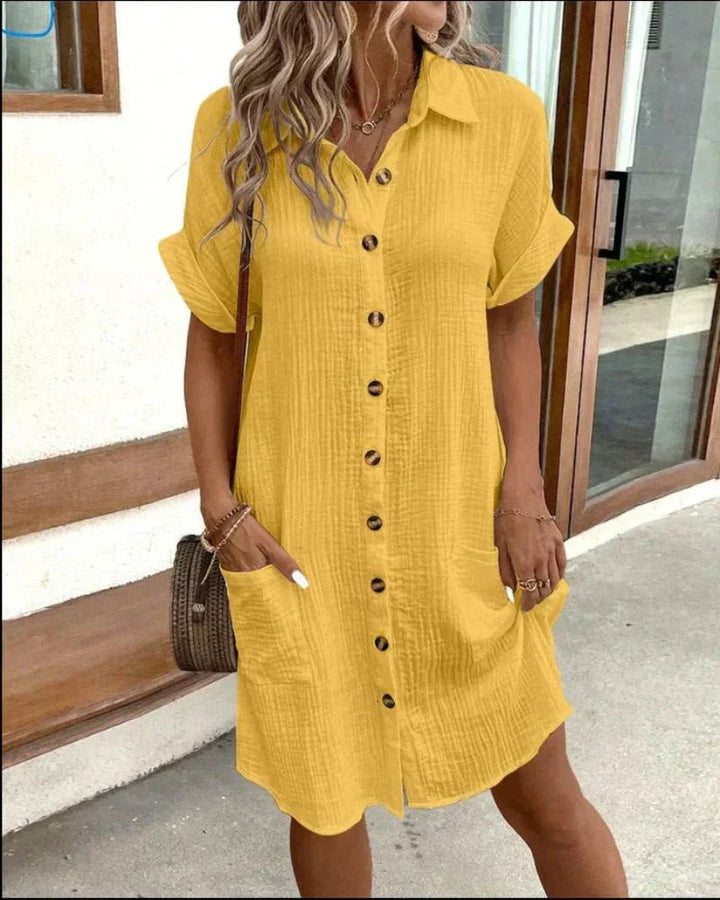 Naomi | Damska letnia lniana sukienka koszulowa midi z kieszeniami foto 3