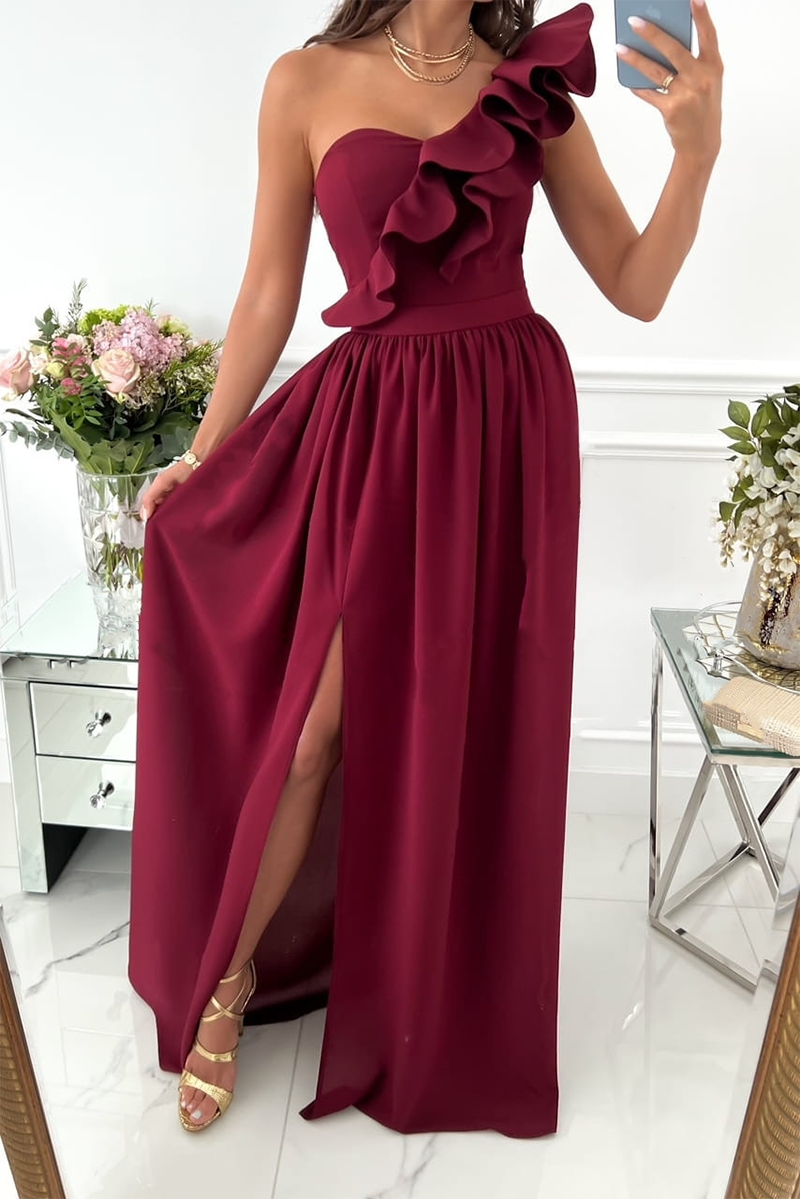 Women's Ruffle Maxi Dress for Christmas Parties in Wine red