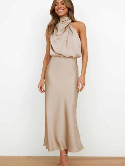 Women's Sequin Party Dress with Elegant Draping in Khaki