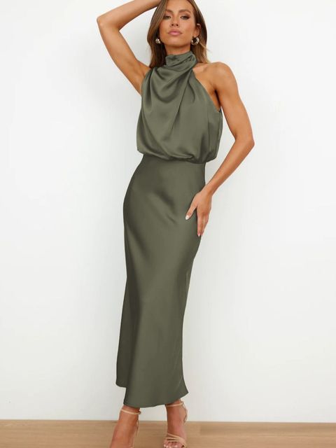 Women's Sequin Party Dress with Elegant Draping in Military Green