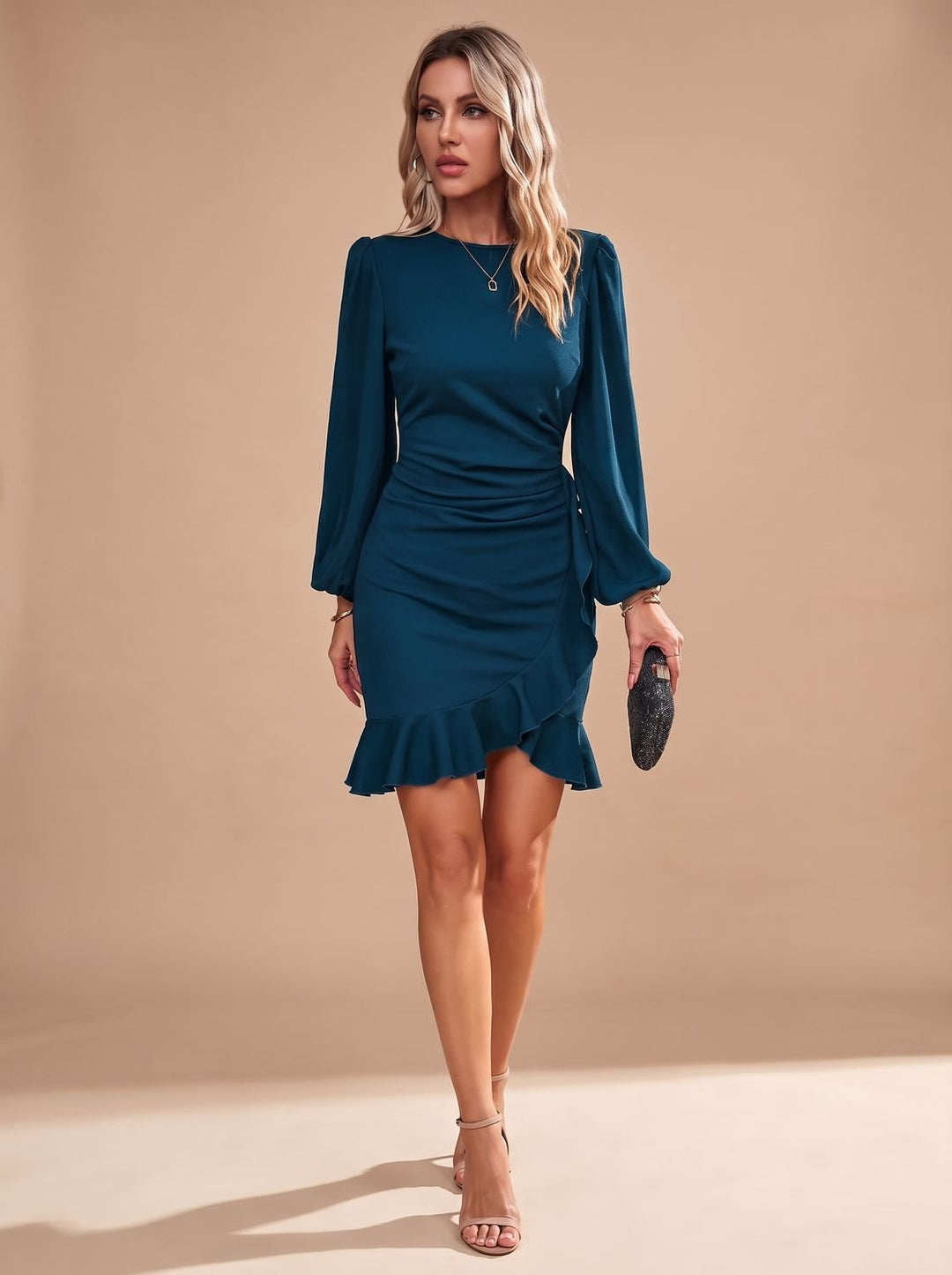 Women's Sequin Party Dress with Long Sleeves in Blue