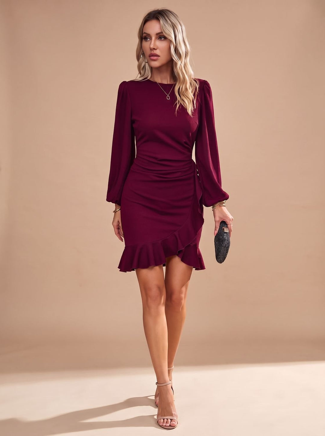 Women's Sequin Party Dress with Long Sleeves in Burgundy