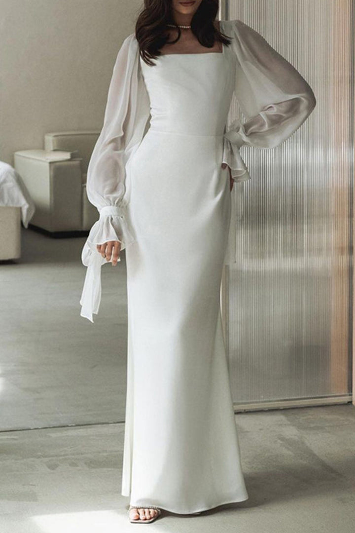 Women's Sheer-Sleeved Midi Dress for Evening Parties in White