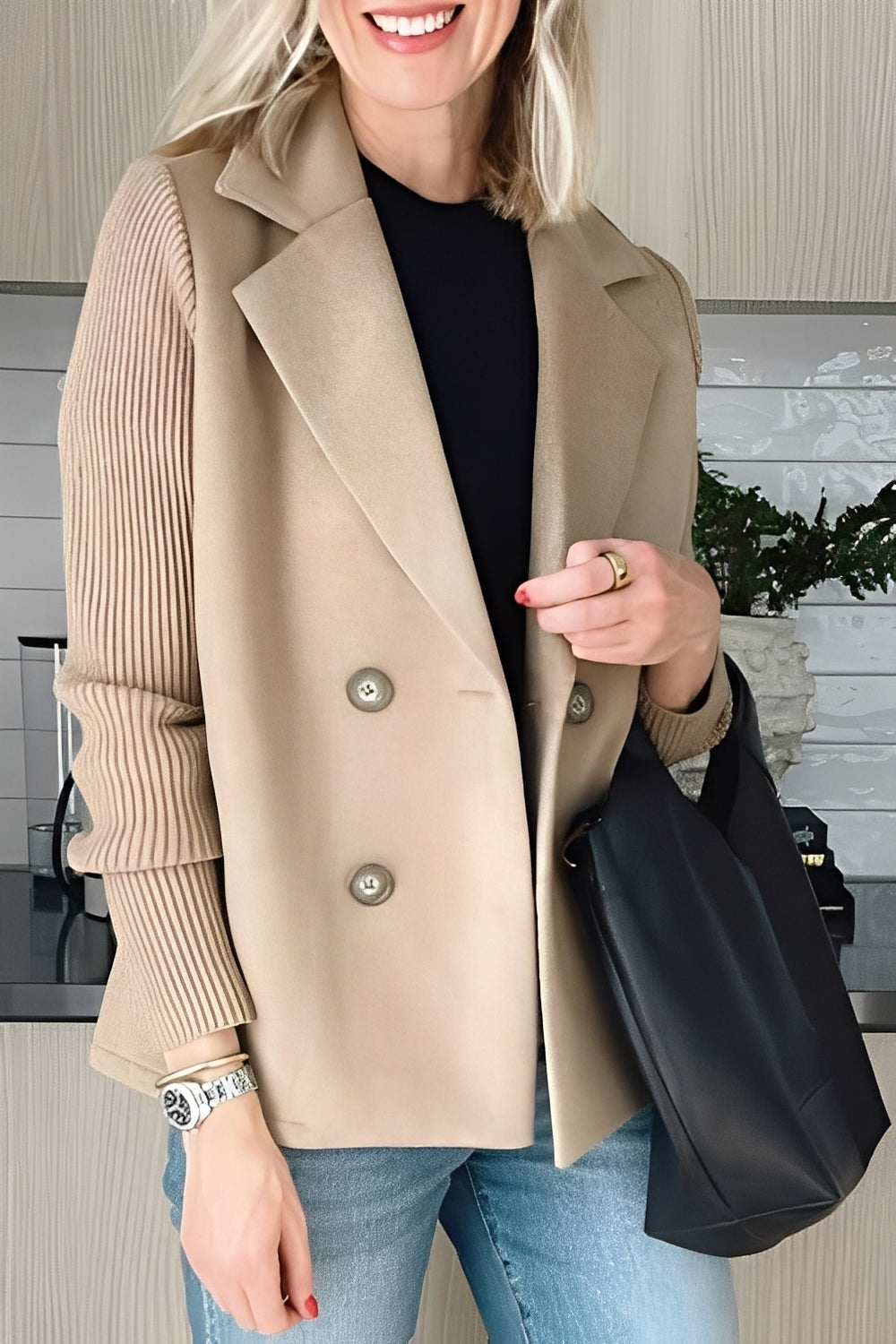 Women's Short Wool Trench Coat for Office in Beige