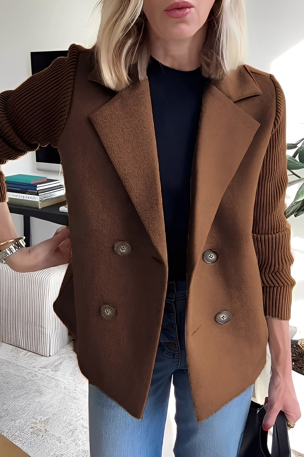 Women's Short Wool Trench Coat for Office in Brown