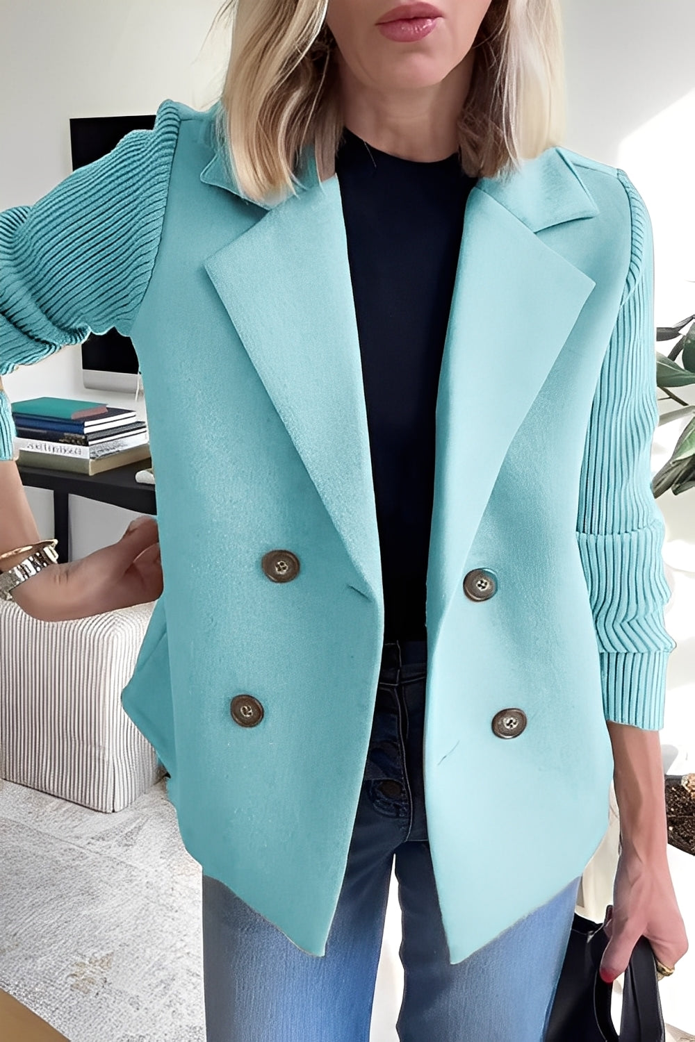 Women's Short Wool Trench Coat for Office in Light Blue