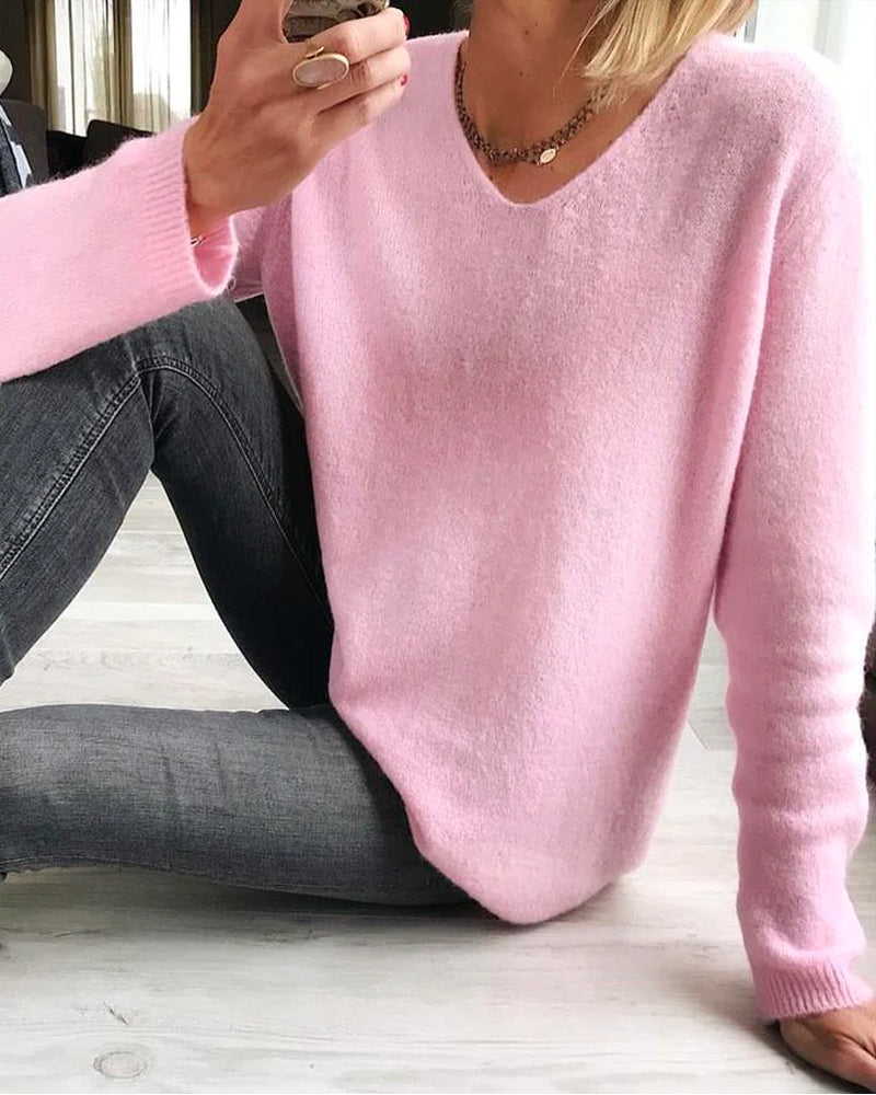 Women's Soft Cotton V-Neck Casual Sweater in Pink