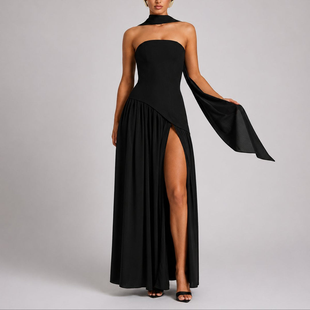 Women's Strapless Split-Skirt Maxi Wedding Guest Dress in Black