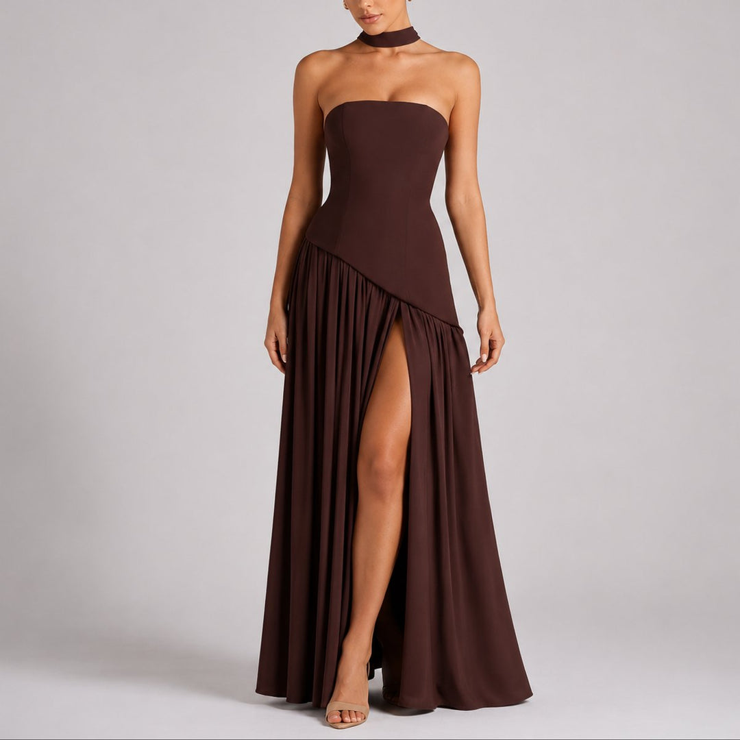 Women's Strapless Split-Skirt Maxi Wedding Guest Dress in Brown