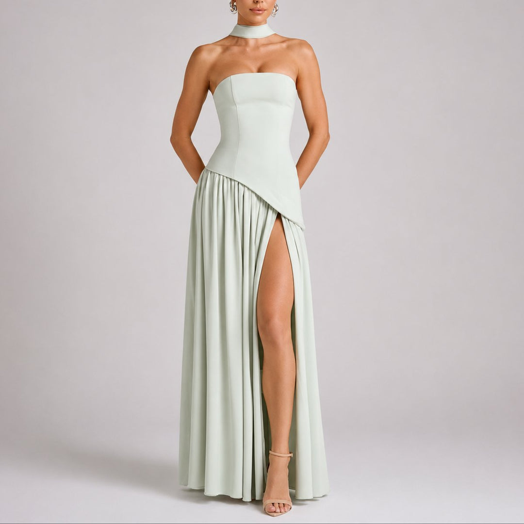 Women's Strapless Split-Skirt Maxi Wedding Guest Dress in Light Green