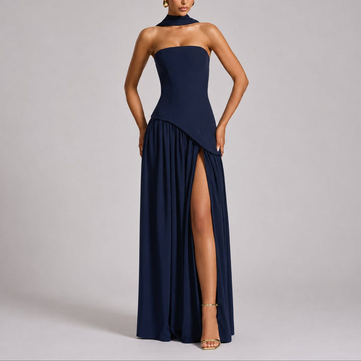 Women's Strapless Split-Skirt Maxi Wedding Guest Dress in Navy