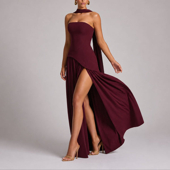 Women's Strapless Split-Skirt Maxi Wedding Guest Dress in Red
