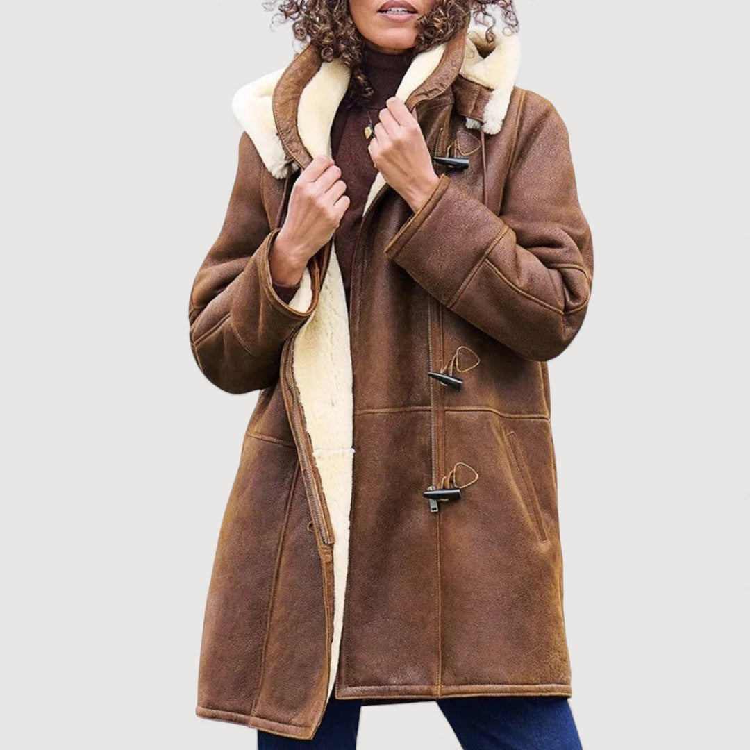 Women's Structured Hooded Shearling Coat for Autumn
