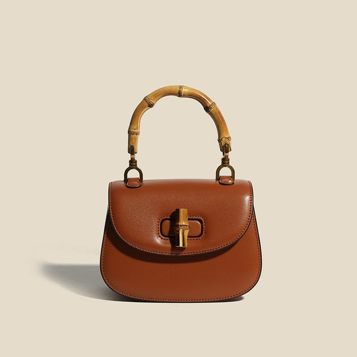 Women's Structured Leather Tote Bag with Bamboo Accents in Chestnut Brown