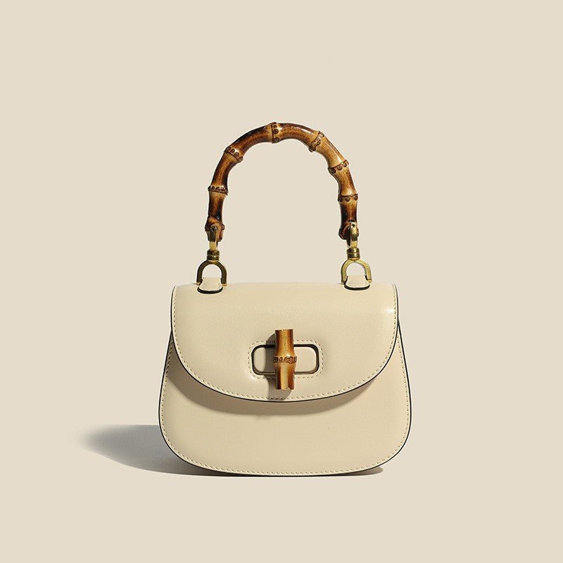 Women's Structured Leather Tote Bag with Bamboo Accents in Cream