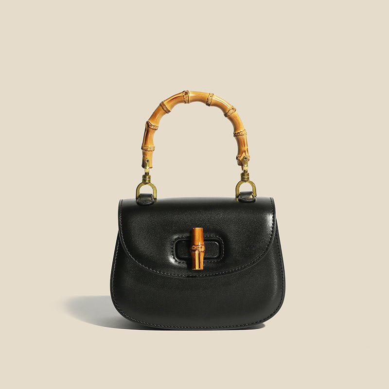 Women's Structured Leather Tote Bag with Bamboo Accents in Midnight Black