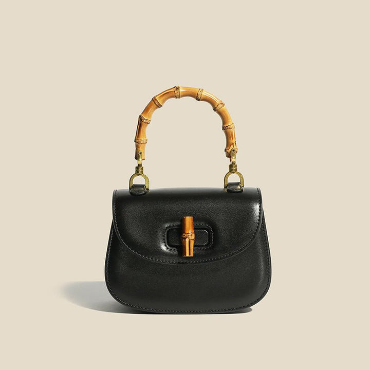 Women's Structured Leather Tote Bag with Bamboo Accents in Midnight Black