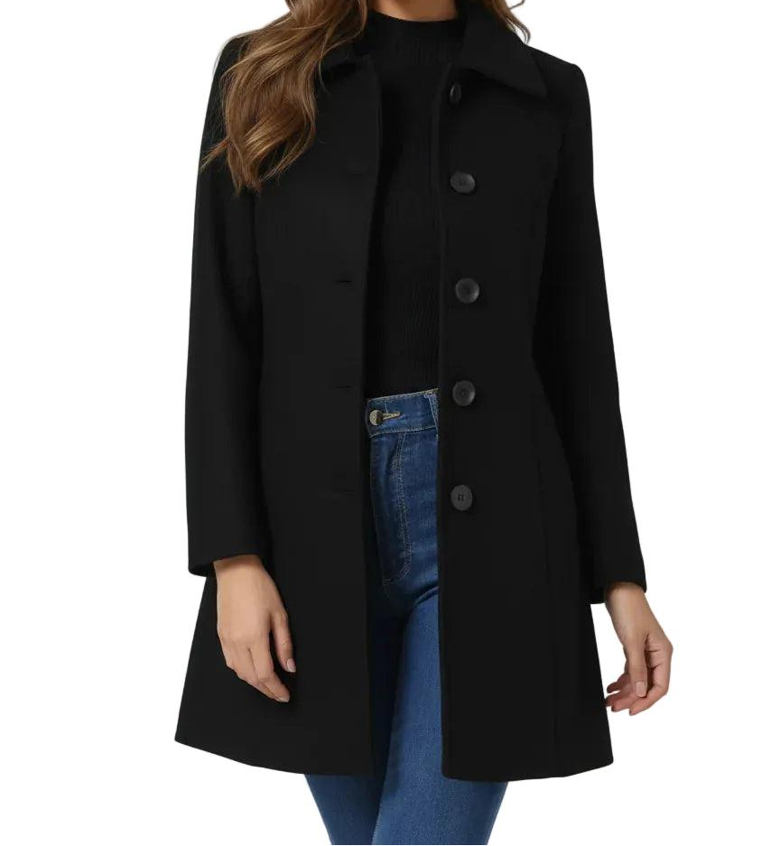 Women's Structured Midi Coat with Long Sleeves in Black