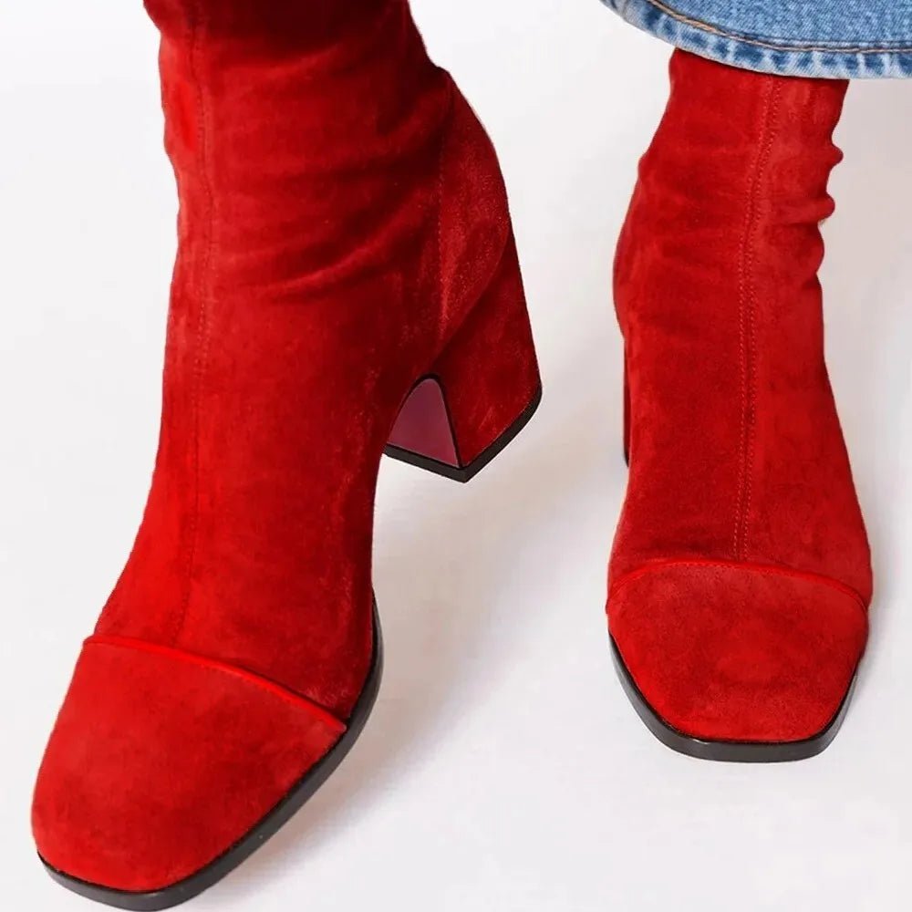 Women's Suede Cowboy Boots with Block Heel in Red