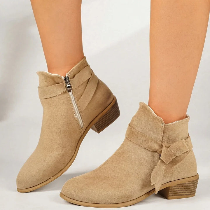 Women's Suede-Like Pointed Ankle Boots with Block Heel in Beige