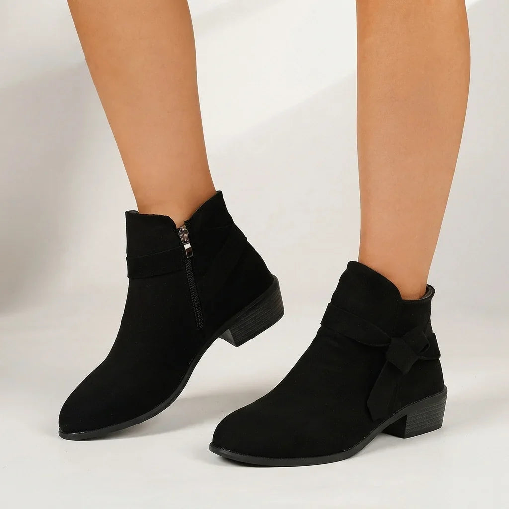 Women's Suede-Like Pointed Ankle Boots with Block Heel in Black