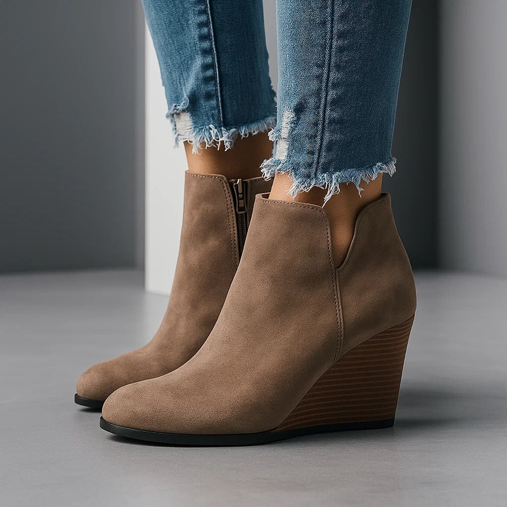 Women's Suede Wedge Ankle Boots in Brown