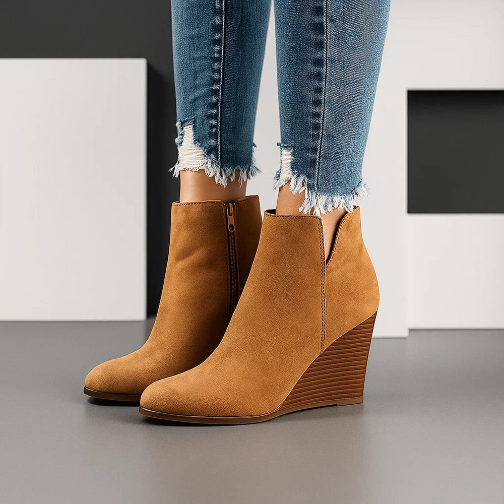 Women's Suede Wedge Ankle Boots in Khaki