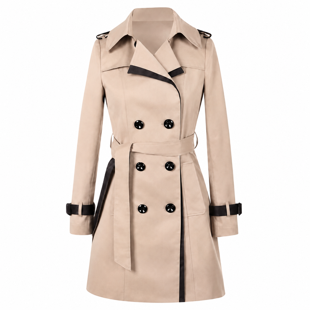Women's Tailored Knee-Length Coat with Belt in Beige