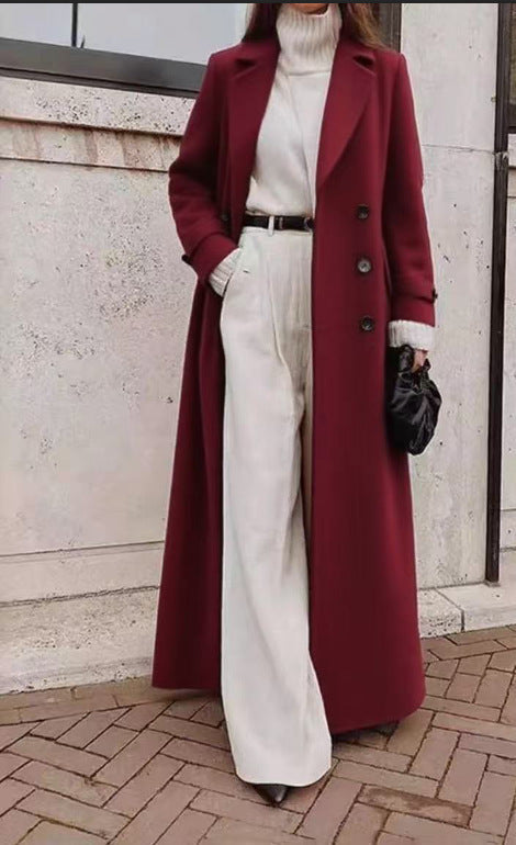 Women's Tailored Longline Coat with Pockets in Burgunder