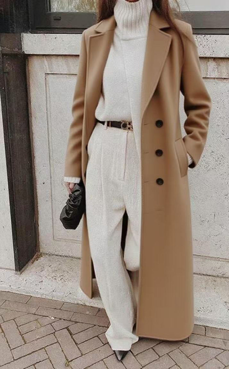 Women's Tailored Longline Coat with Pockets in Khaki