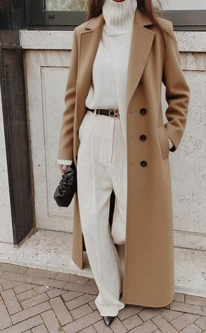 Women's Tailored Longline Coat with Pockets in Khaki