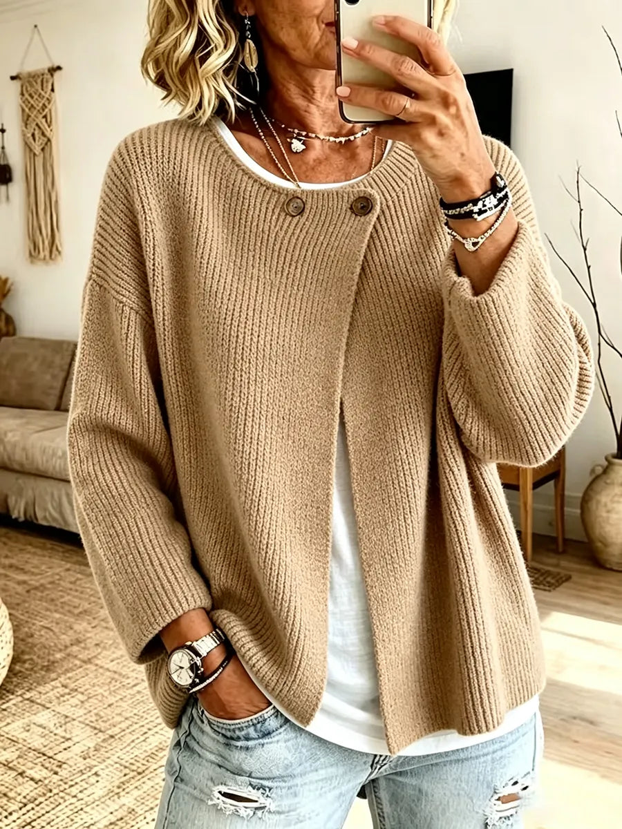 Women's Textured Jumper Dress, Cardigan-Style for Layering in Khaki