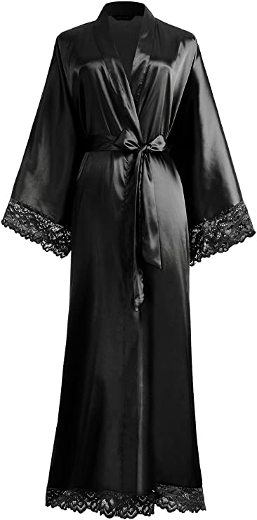 Women's Tie-Belt Satin Wrap Midi Dress in Black