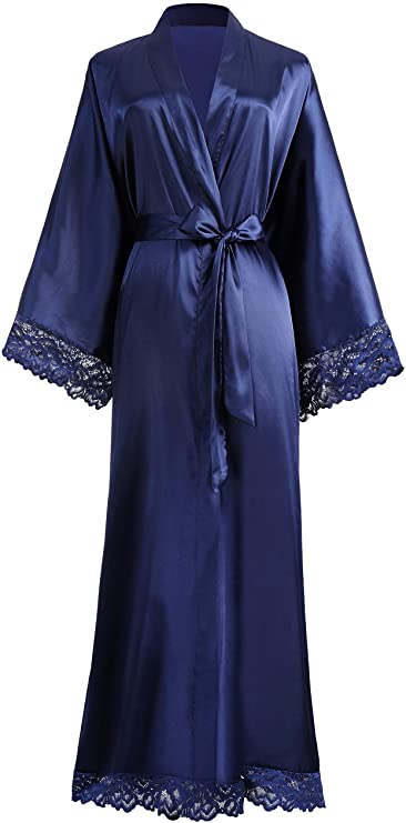 Women's Tie-Belt Satin Wrap Midi Dress in Dark Blue