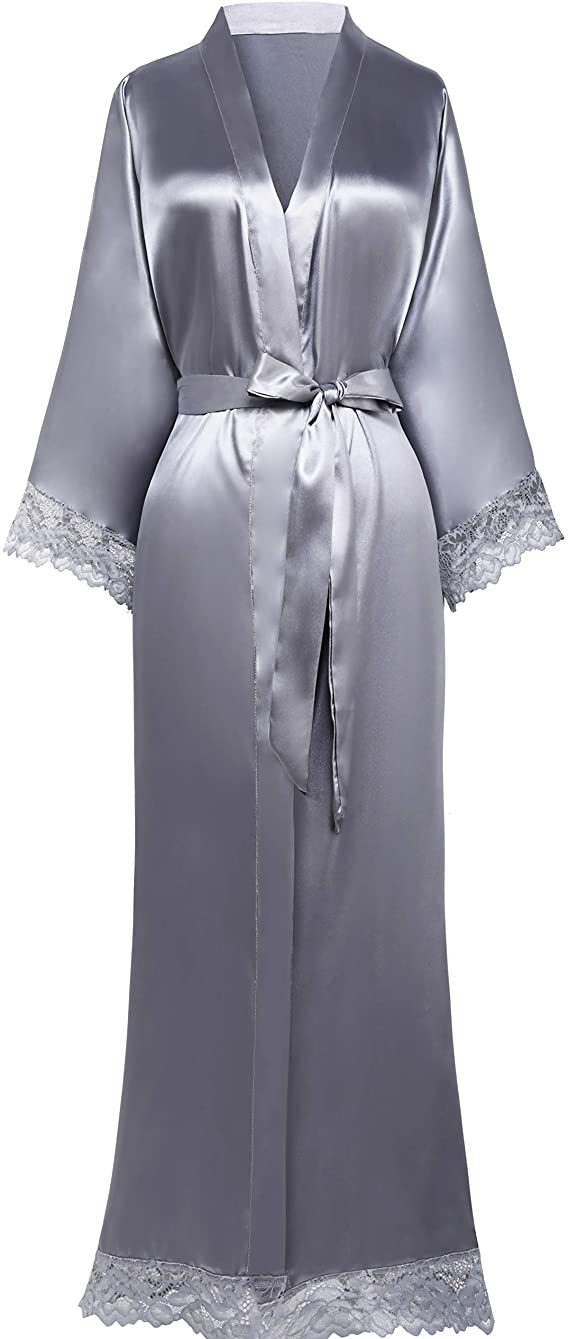 Women's Tie-Belt Satin Wrap Midi Dress in Grey