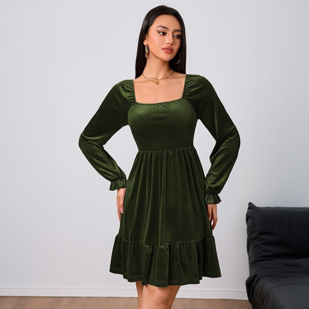Women's Tiered Velvet Mini Party Dress in Olive Green