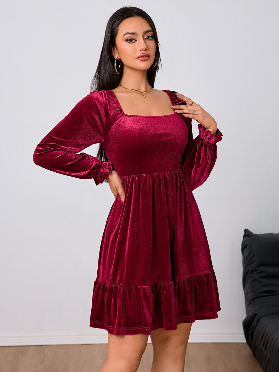 Women's Tiered Velvet Mini Party Dress in Wine Red