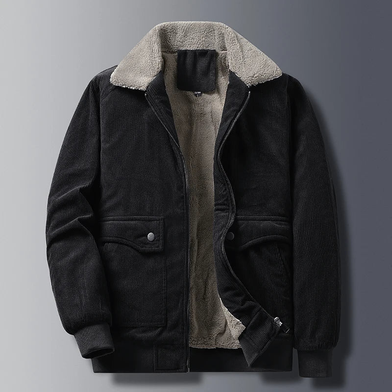 Women's Trench Coat in Corduroy with Fleece Lining in Black