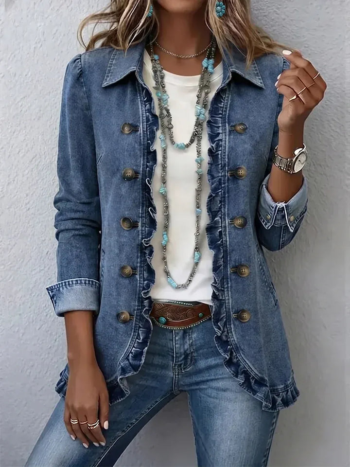 Women's Trench Coat with Embroidered Ruffles, Vintage in Blue