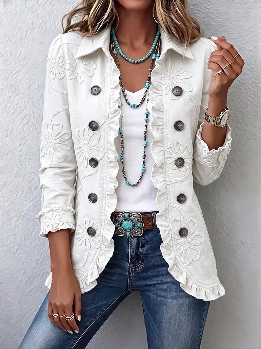 Women's Trench Coat with Embroidered Ruffles, Vintage in White