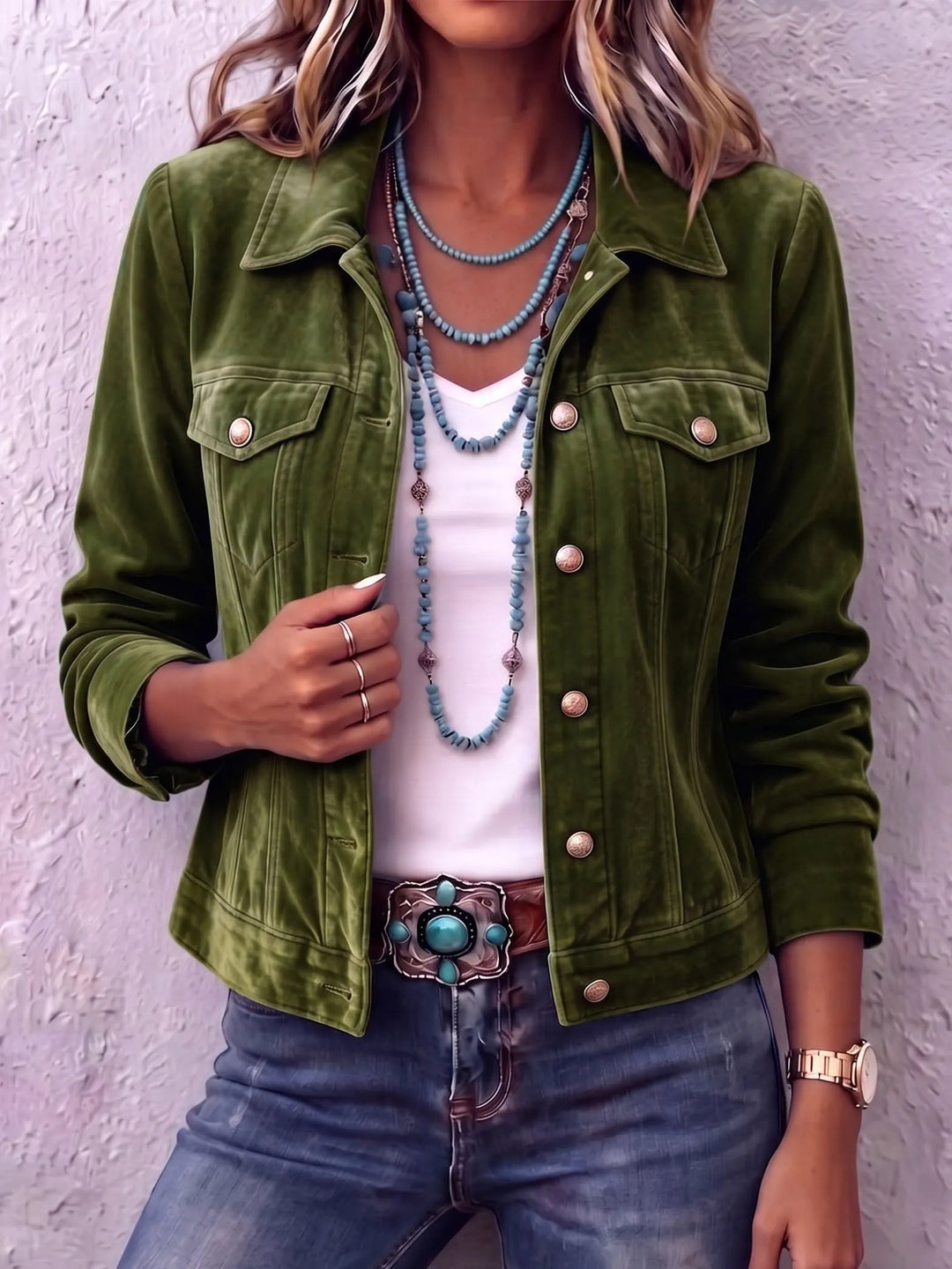 Women's Vintage Button Winter Coat in Green