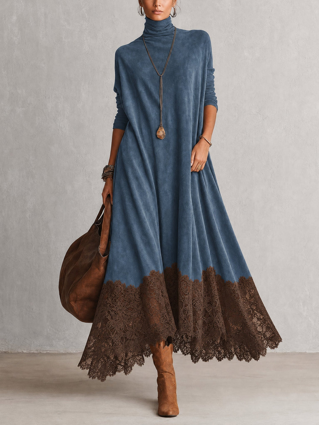 Women's Vintage Suede Maxi Dress for Evening Parties in Blue