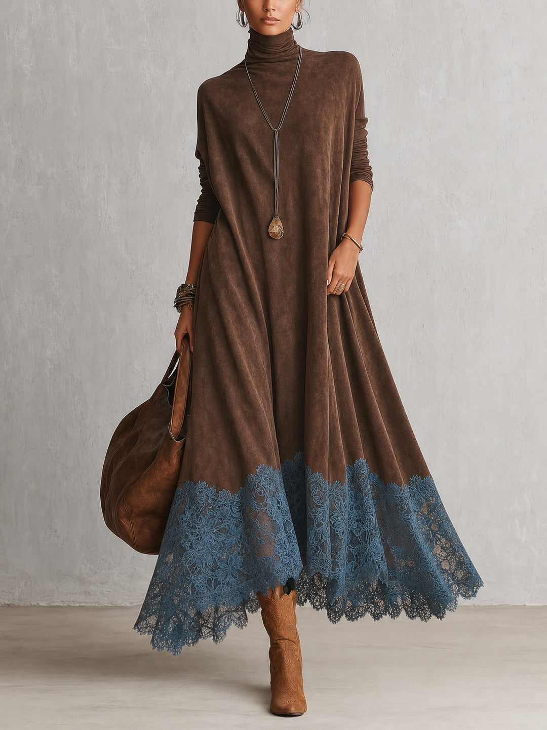 Women's Vintage Suede Maxi Dress for Evening Parties in Brown